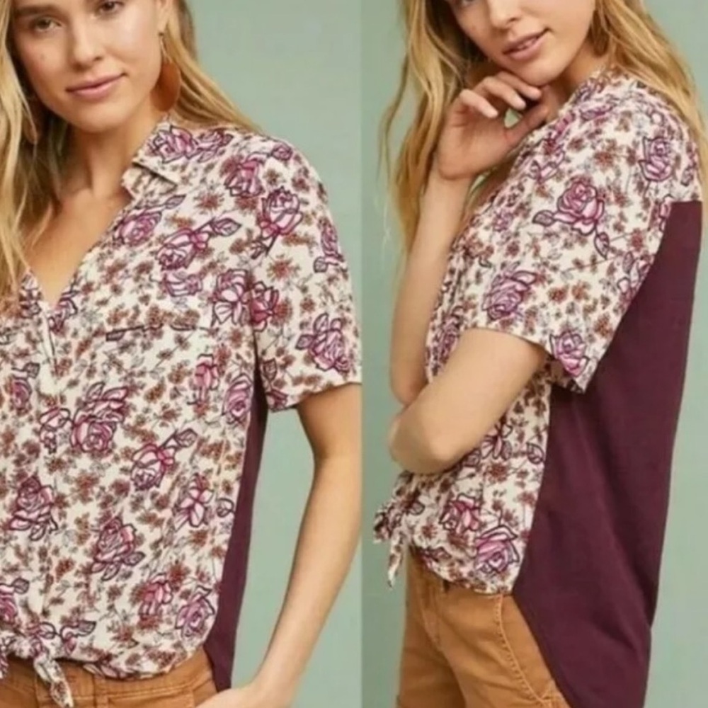 Anthropologie Porridge Bergen button front rose floral print top blouse M - Picture 4 of 8
